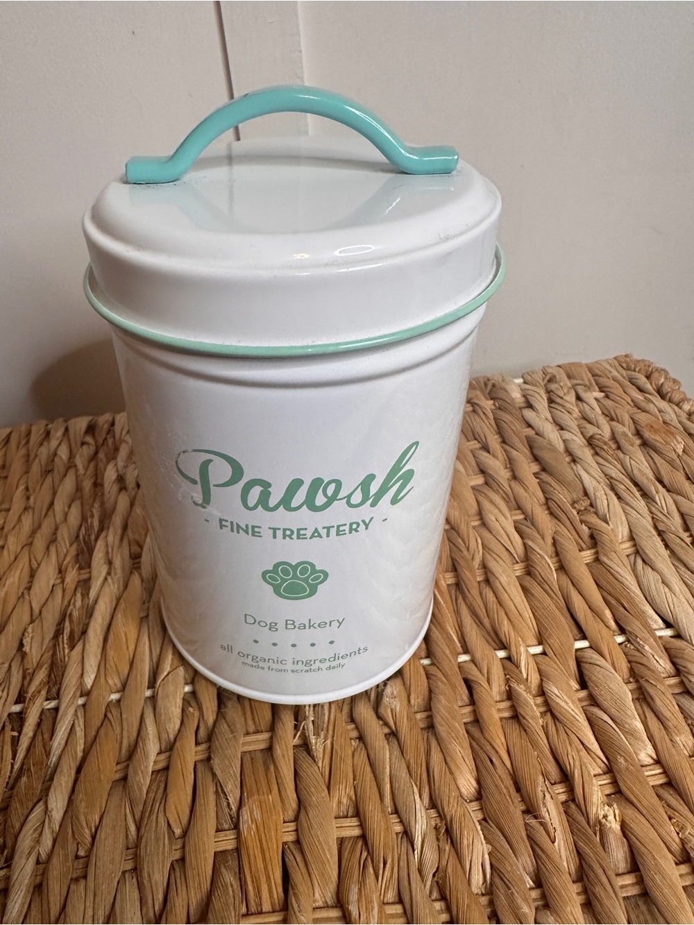 White & Mint Dog Treat Canister